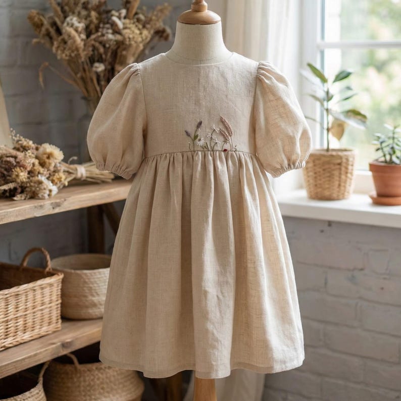 May include: A beige linen dress featuring short puff sleeves, a round neckline, and a gathered skirt. The bodice is decorated with a delicate, embroidered botanical design of small wildflowers and grasses centred at the waistline.