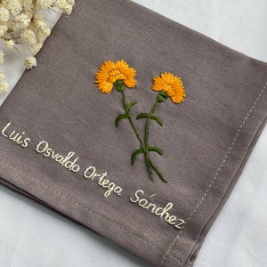 Personalized Hand Embroidered Marigold Handkerchief, Custom Linen Handkerchief, Floral Bridal Handkerchief, Wedding Gifts Idea