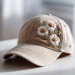 Vintage Daisy Flower Hand Embroidered Hat, Personalized Embroidered Denim Cap, Handmade Beach Hat, Sun Garden Hat, Mother&#39;s Day Gift Idea