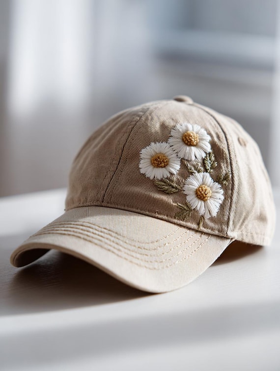 Vintage Daisy Flower Hand Embroidered Hat, Personalized  display picture 1