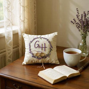 Personalized Lavender Hand Embroidered Linen Ring Bearer Pillow, Boho Wedding,Custom Linen Cushion, Handmade Ring Holder,Wedding Ring Pillow