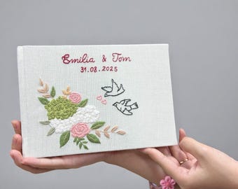 Vintage Couple Bird Hand Embroidered Wedding Guest Book, Personalized Linen Notebook, Custom Landscape Memory Book, Wedding Guest Book Ideas