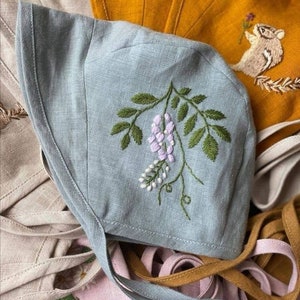 Linen Baby Sunbonnet, Linen Baby Bonnet, Linen Embroidery Baby Bonnet, Hand Embroidered Linen Bonnet, Brimmed Bonnet