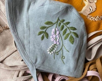 Linen Baby Sunbonnet, Linen Baby Bonnet, Linen Embroidery Baby Bonnet, Hand Embroidered Linen Bonnet, Brimmed Bonnet