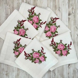Hand Embroidered Rose Napkins, Hand Embroidery Linen Table Decoration, Housewarming Gift, Soft Washed Pure Linen Napkin, Linen Napkins