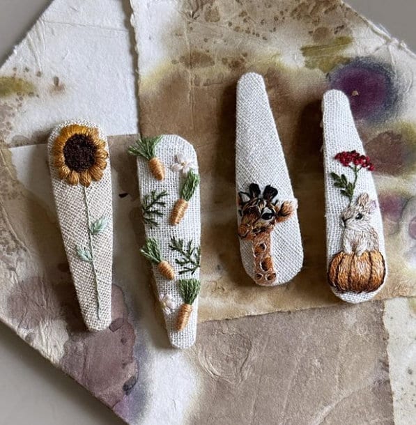 Animals Hair Clip for Girls, Embroidery Tear Drop Hair Clip, Hand Embroidered Hair Clip, Handmade Linen Hair Accessories, Cute Hair Clip