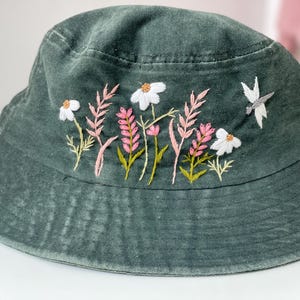 Vintage Wildflowers Hand Embroidered Bucket Hat, Custom Name Flower Embroidery Summer Hat, Beach Hat, Sun Garden Hat, Handmade Gift For Mom