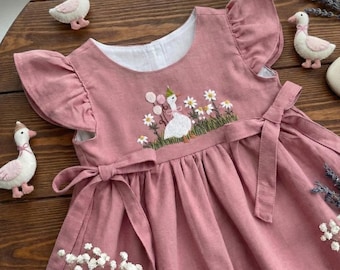 Custom One Silly Goose in Garden Hand Embroidered Dress for Girls,Soft Linen Dress,Toddler Linen Dress,1st Birthday Girl Dress,Kids Clothing