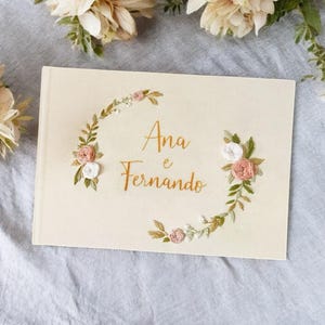 Custom Name Embroidered Linen Wedding Guest Book, Personalized Hand Embroidered Roses Landscape Notebook,  Memory Book, Hardbound Scrapbook