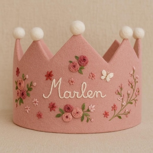 Custom Roses Hand Embroidered Birthday Party Crown, Personalized Floral Linen Crown for Birthday, Gifts for Birthday,Handmade Birthday Crown