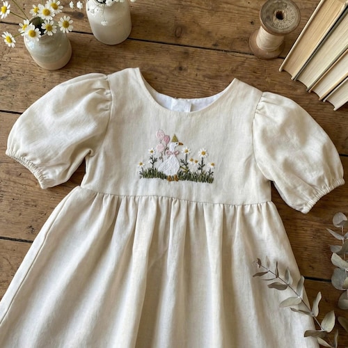 Custom Dress with Hand Embroidered Birthday Goose, Girls Soft Linen Dress, Toddler Linen Dress, First Birthday Girl Dress, Kids Clothing