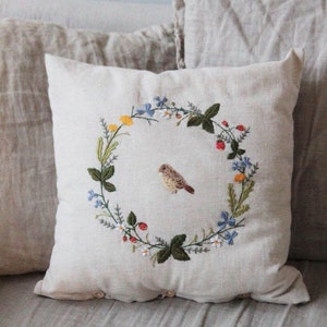 Decorative Pillowcase with Hand Embroidery, Handmade Cushion Cover, Floral Linen Pillow Cover, Living Room Decor, Handmade Gift