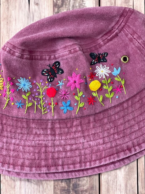 Hand Embroidery Colorful Bucket Hat, Flower Butterfly Embroidery