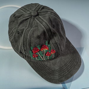 Mushroom Hand Embroidered Baseball Hat for Women, Embroidered Denim Cap, Vintage Hat For Woman, Embroidered Baseball Cap, Birthday Gift