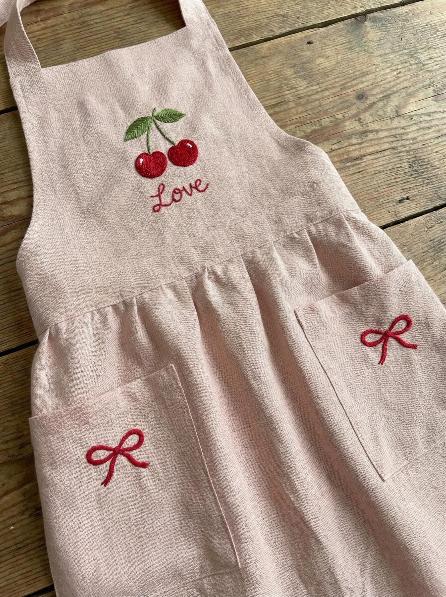 Hand Embroidered Cherry Apron, Personalized Hand Embroidered Apron