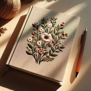Op de afbeelding: Een beige linnen notitieboek met een delicaat bloemenborduursel. De borduursels bevatten roze en witte bloemen met groene bladeren.
