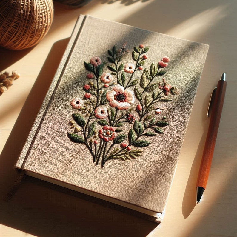 Op de afbeelding: Een beige linnen notitieboek met een delicaat bloemenborduursel. De borduursels bevatten roze en witte bloemen met groene bladeren.