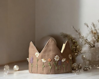 Floral Embroidery Birthday Party Crown, Hand Embroidered Linen Crown for Birthdays, Gifts for Birthday, Handmade Baby Crown