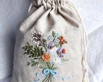 Flower Bouquet Embroidery Drawstring Bag, Linen Gift Wrapping, Handmade Drawstring Bag, Storage Pouch, Jewelry Pouch, Mother's Day Gift