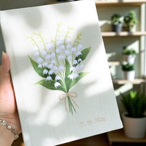 Custom Name Hand Embroidered Notebook Lily Of The Valley, May Birth Month Flower, Personalized Handmade A4/A5/A6 Journal, Custom Made Gift