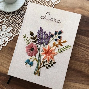 Custom Hand-Embroidered Floral Bouquet Notebook, Handmade A5 Linen Notebook, Fabric Hard Cover Journal, Perfect for Vow Books