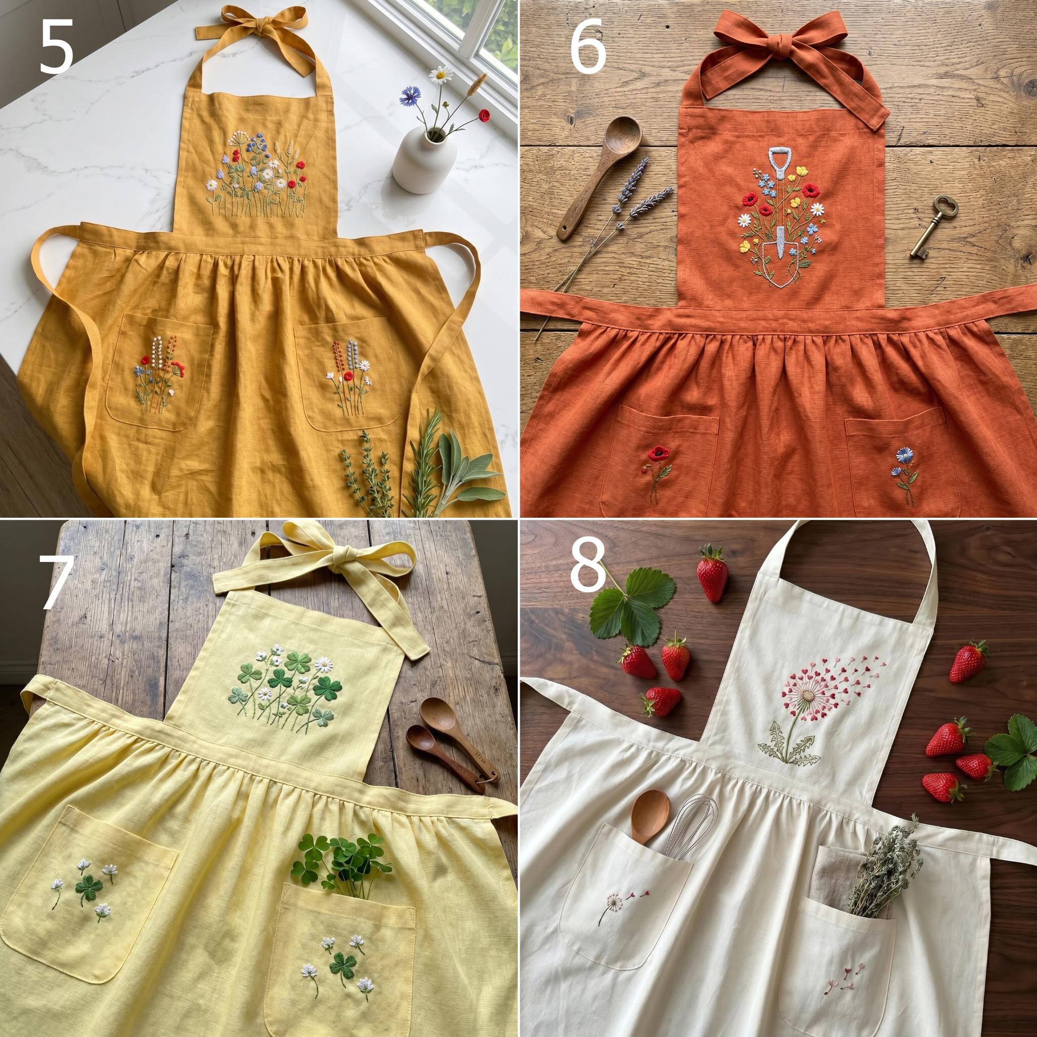 手刺繍の鳥小屋と野花があしらわれたリネンエプロン、ポケット付き花柄 