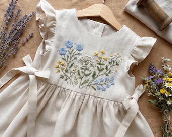 Hand Embroidered Wildflowers Linen Dress with Bow,  Soft Linen Dress, Toddler Linen Dress, Custom Birthday Dress, Ribbon Tie Dress for Girls