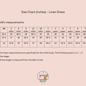 May include: A size chart for a linen dress with a light pink background. The table lists child measurements in inches for ages ranging from newborn to 8 years, including height, chest, and dress length. A logo for Kian Embroidery is at the bottom.