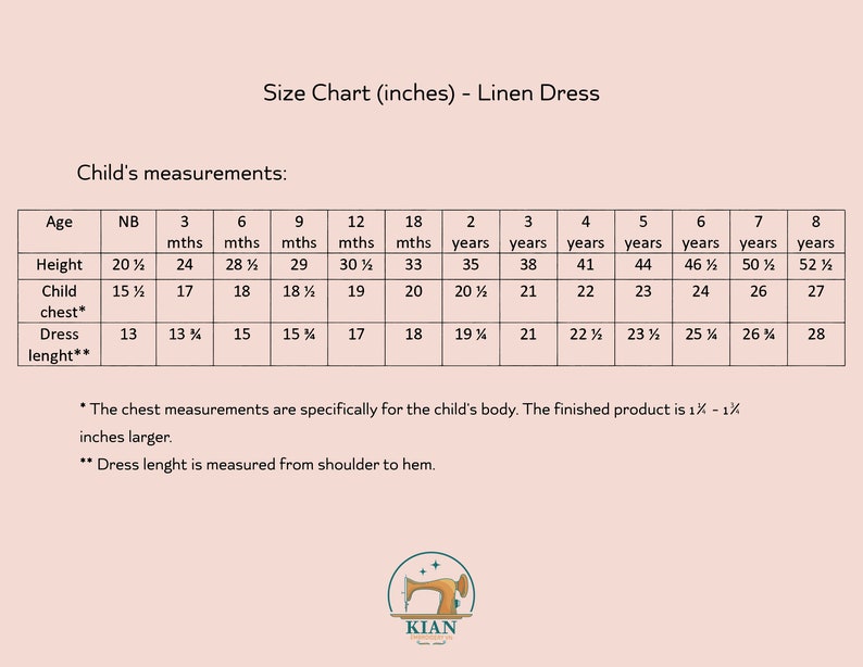 May include: A size chart for a linen dress with a light pink background. The table lists child measurements in inches for ages ranging from newborn to 8 years, including height, chest, and dress length. A logo for Kian Embroidery is at the bottom.