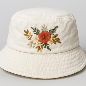 Vintage Summer Hat with Floral Embroidery, Floral Bouquet Hand-Embroidered Bucket Hat, Handmade Beach Hat, Sun Garden Hat, Gift For Mom