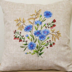 Flower Embroidery Cushion Cover, Handmade Cushion Cover, Floral Linen Pillow Cover, Living Room Decor, Handmade Gift