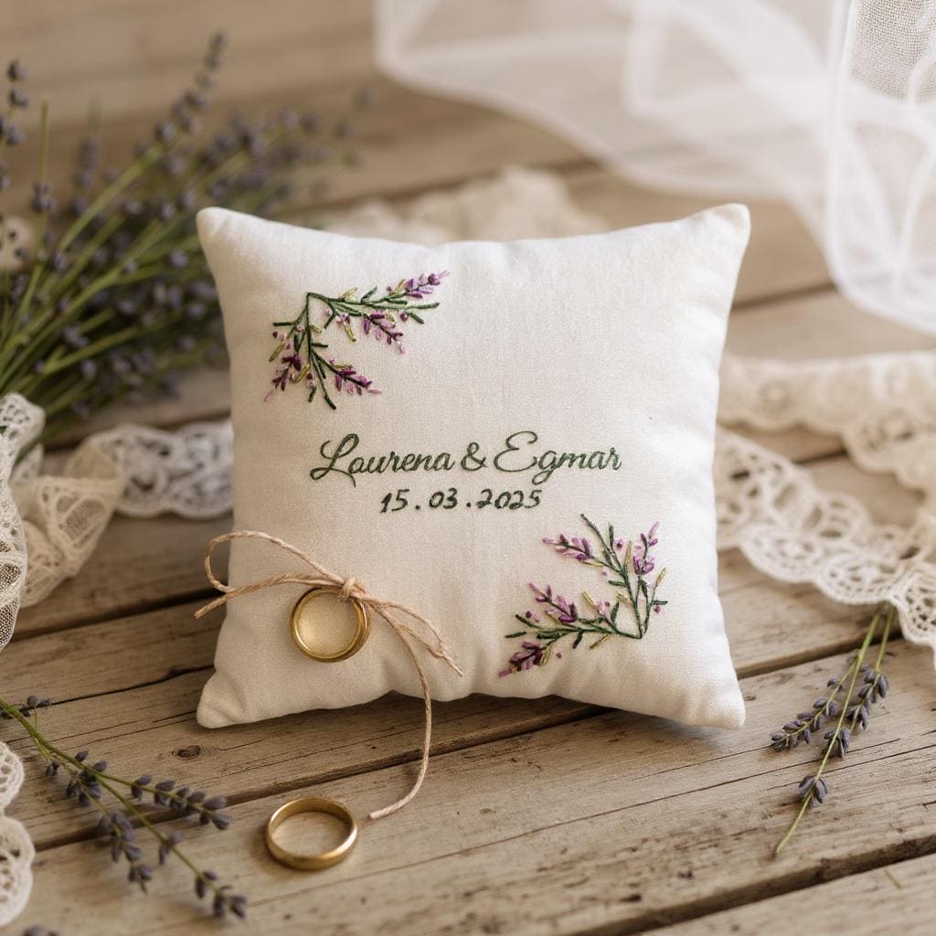 Lavender Hand Embroidered Linen Ring Bearer Pillow, Personalized Handmade Wedding Cushion, Boho Linen Wedding Ring Pillow,Custom Ring Holder