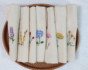 Personalized Rustic Hand Embroidered Napkins, Handmade Linen Napkins, Floral Napkins Wedding Gift, Handmade Table Decor, Housewarming Gift