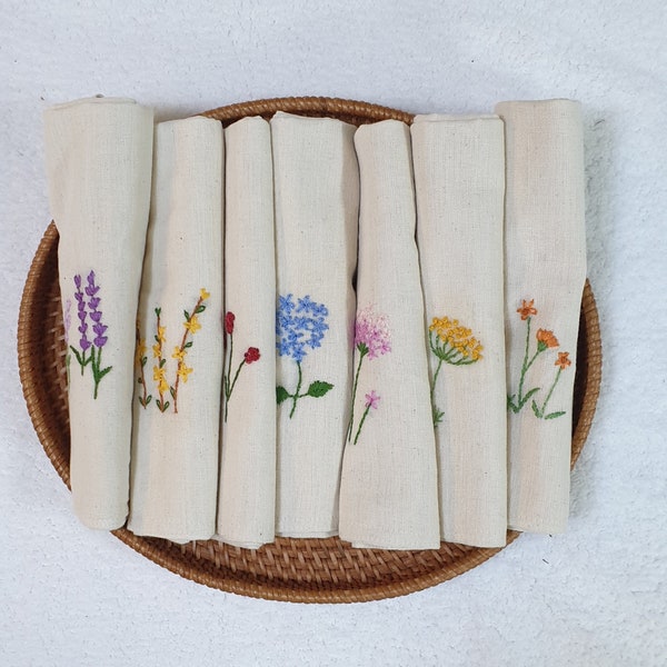 Personalized Rustic Hand Embroidered Napkins, Handmade Linen Napkins, Floral Napkins Wedding Gift, Handmade Table Decor, Housewarming Gift