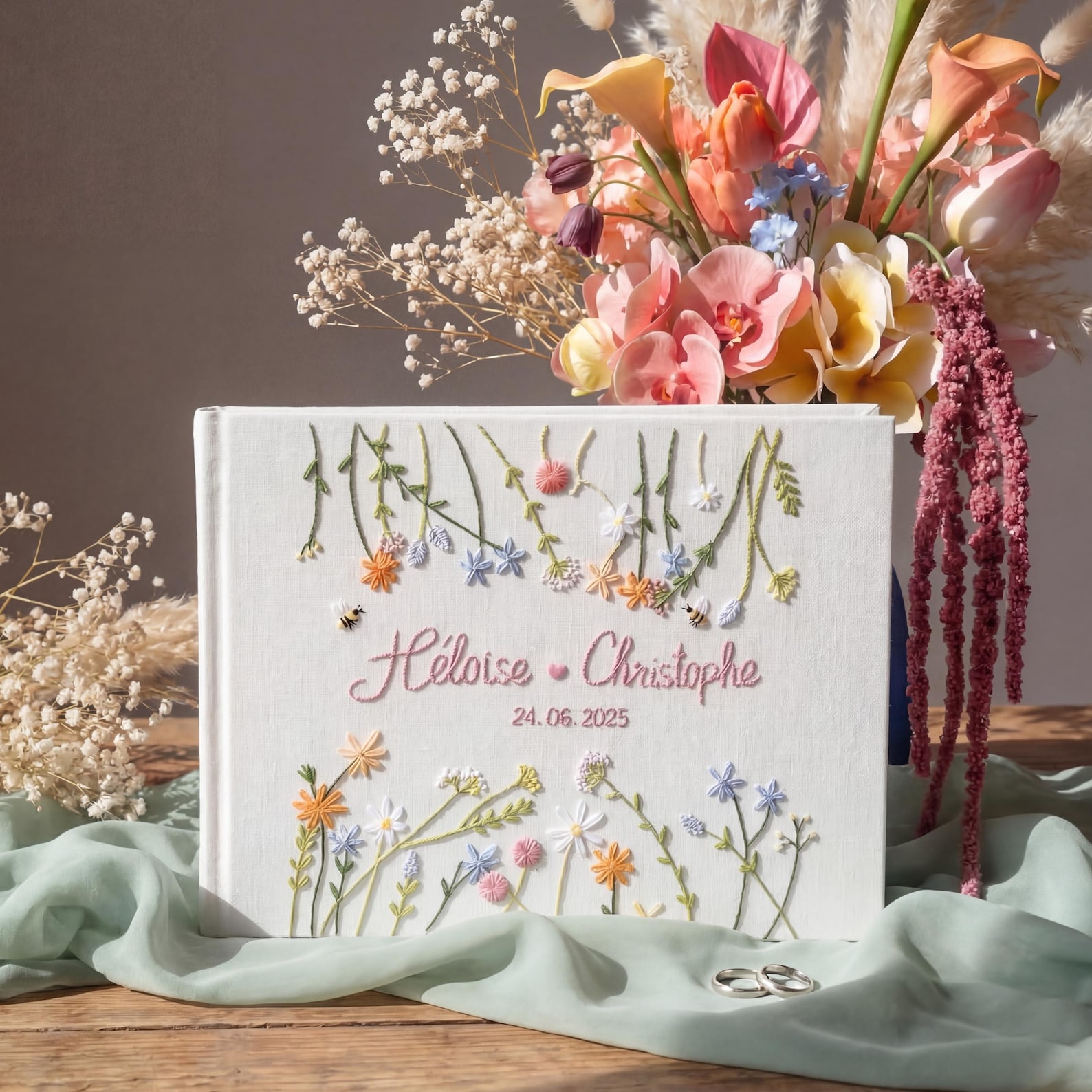 Custom Embroidered Linen Wedding Guest Book, Personalized A4 Landscape Notebook, Hand Embroidered Flowers Memory Book, Hardbound Scrapbook - 7, White Paper