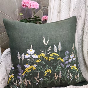 Flower Garden Embroidery Decorative Pillowcase, Handmade Cushion Cover, Floral Linen Pillow Cover, Living Room Decor, Handmade Gift
