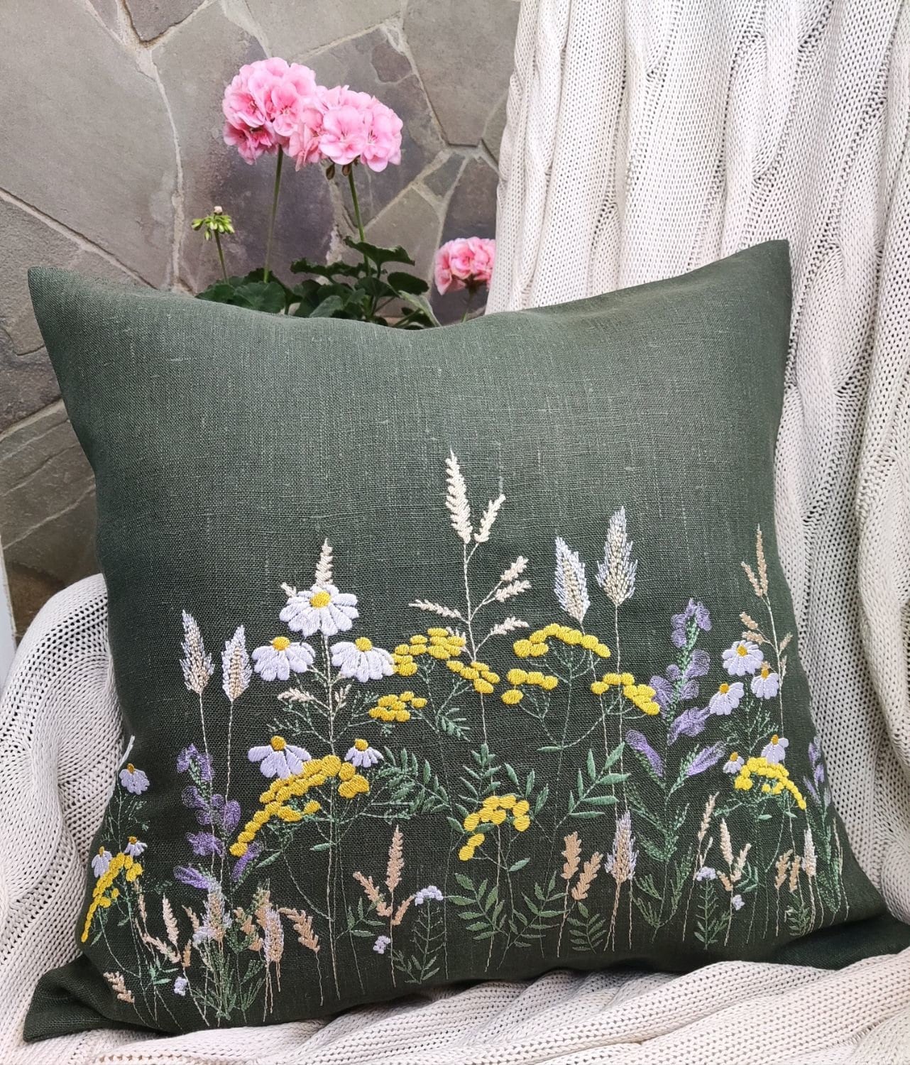 Flower Garden Embroidery Decorative Pillowcase, Handmade Cushion Cover, Floral Linen Pillow Cover, Living Room Decor, Handmade Gift