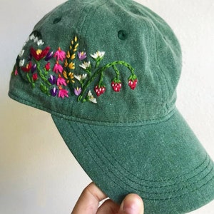 Strawberry And Flower Hand Embroidered Baseball Hat for Women, Embroidered Denim Cap, Vintage Hat For Woman, Embroidered Baseball Cap