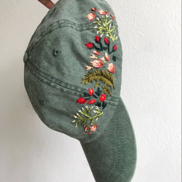Hand Embroidered Vintage Style Hat, Washed Denim Hat, Botanical Summer Hat, Flower Baseball Cap, Mother's Day Gift