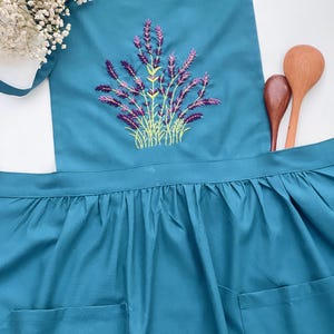 Lavender Flower Embroidery Apron, Hand Embroidered Apron, Floral Apron for Women, Linen Dress Apron, Kitchen/Cooking/Florist/Gardening Apron