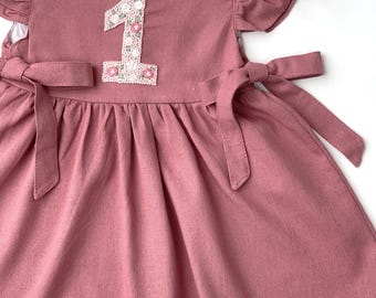 First Birthday Dress with Bow , Custom Floral Linen Dress, Hand Embroidered Girls Soft Linen Dress, Toddler Linen Dress, Floral Kid Clothing