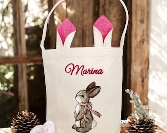 Cute Bunny Personalized Easter Basket with Bunny Ears, Custom Name Bunny Basket, Easter Egg Hunt Bag, Handmade Easter Basket