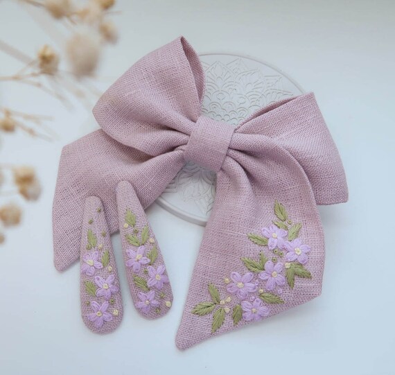 Delicate Flowers Embroidery Linen Bow, Hand Embroidered Hair Bow 