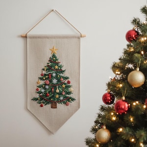 Christmas Tree Hand Embroidered Banner, Custom Holiday Linen Flag, Handmade Christmas Wall Decor, Fabric Wall Banner, Festive Home Decor