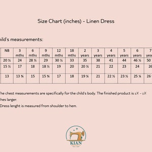 May include: A size chart for a linen dress with a light pink background. The table lists child measurements in inches for ages ranging from newborn to 8 years, including height, chest, and dress length. A logo for Kian Embroidery is at the bottom.