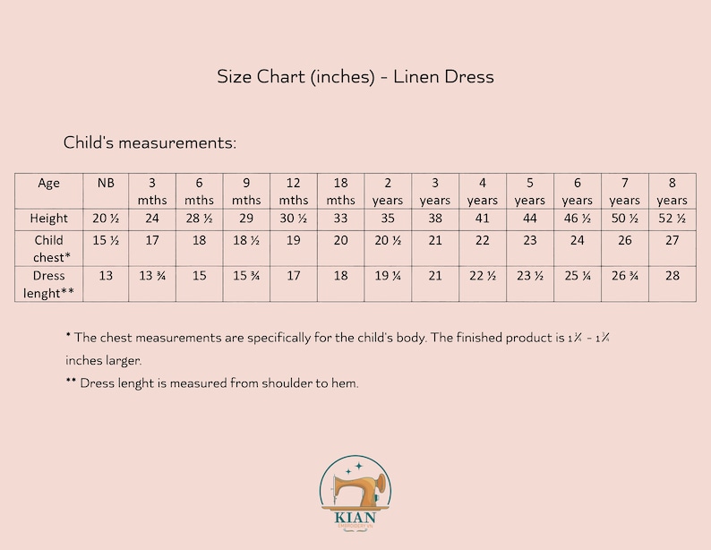 May include: A size chart for a linen dress with a light pink background. The table lists child measurements in inches for ages ranging from newborn to 8 years, including height, chest, and dress length. A logo for Kian Embroidery is at the bottom.