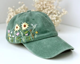 Gorra de béisbol personalizada con girasoles, gorra vintage bordada a mano, gorra de algodón lavado, gorra vaquera bordada, gorra para mujer, gorra de verano