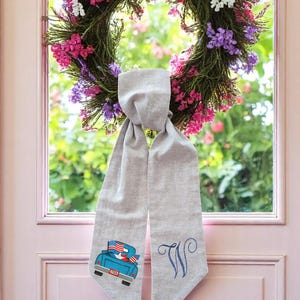 Personalized 4th of July Truck Hand Embroidered Patriotic Wreath Sash,Linen Wreath Bow,4th of July/Memorial Day Door Decor,Housewarming Gift
