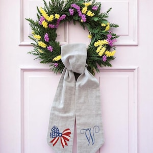 Personalized Patriotic Coquette Bow Hand Embroidered Wreath Sash, Linen Wreath Bow, 4th of July/Memorial Day Door Decor, Housewarming Gift