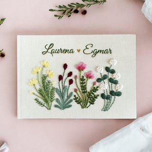 Custom Name Embroidered Floral Linen Wedding Guest Book, Personalized Landscape Notebook, Hand Embroidered Memory Book, Hardbound Scrapbook